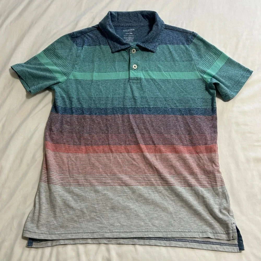 Arizona Jean Co Boys Multi Color Striped Short Sleeve Polo Shirt Size L 14/16H - Picture 1 of 5